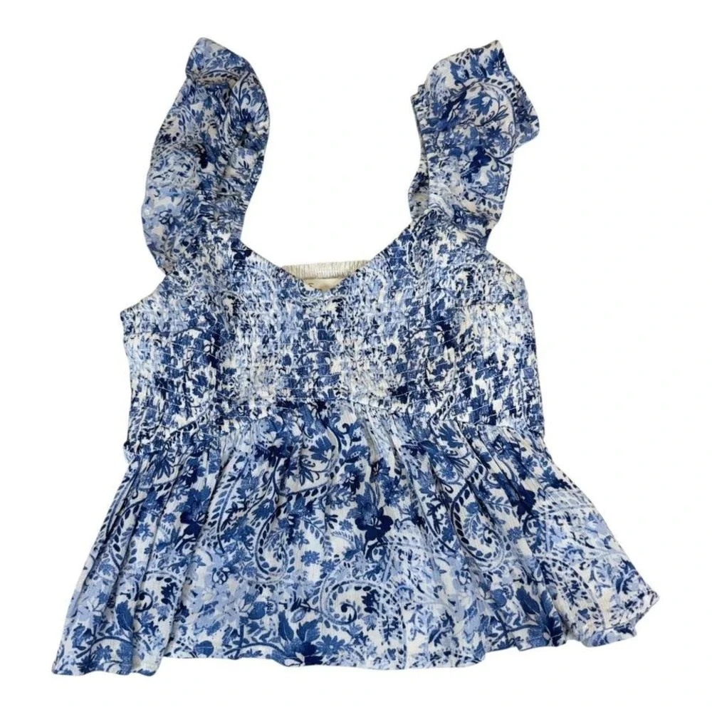 Hollister Smocked Floral Paisley Babydoll Tank Top Blue White Womens S - Picture 1 of 8